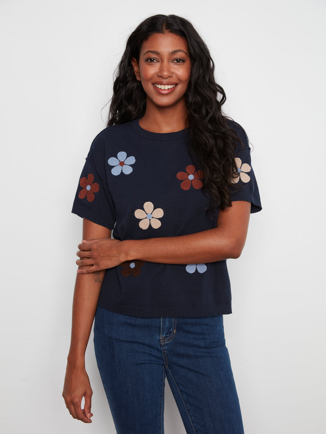 Elbow Sleeve Embroidered Flowers Crew Neck Sweater