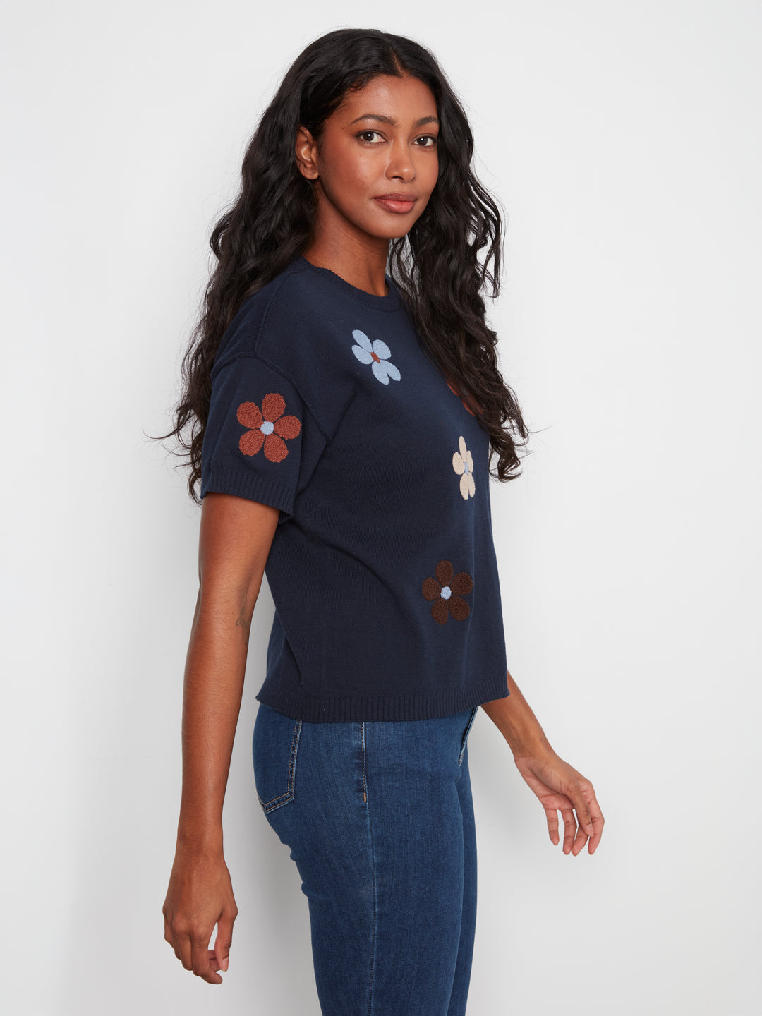 Elbow Sleeve Embroidered Flowers Crew Neck Sweater