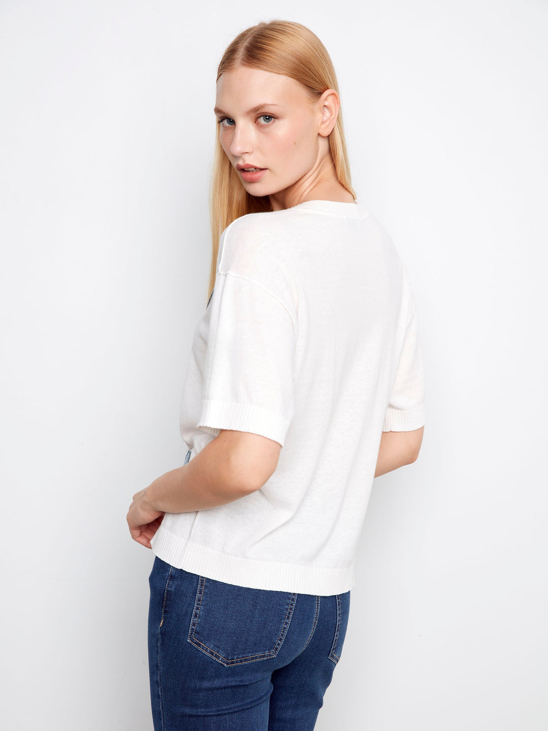 Short Sleeve Denim Patches Crew Neck Sweater