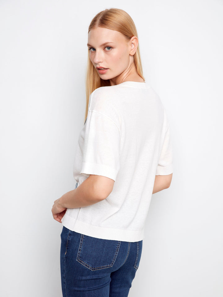 Short Sleeve Denim Patches Crew Neck Sweater