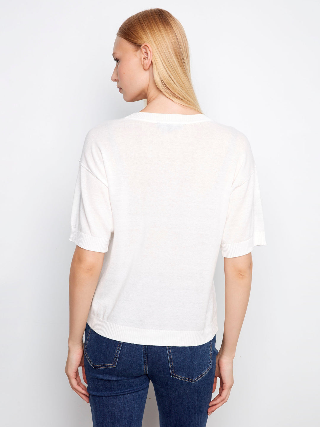 Short Sleeve Denim Patches Crew Neck Sweater