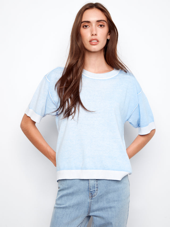 Reverse Print Short Sleeve Crew Neck Sweater