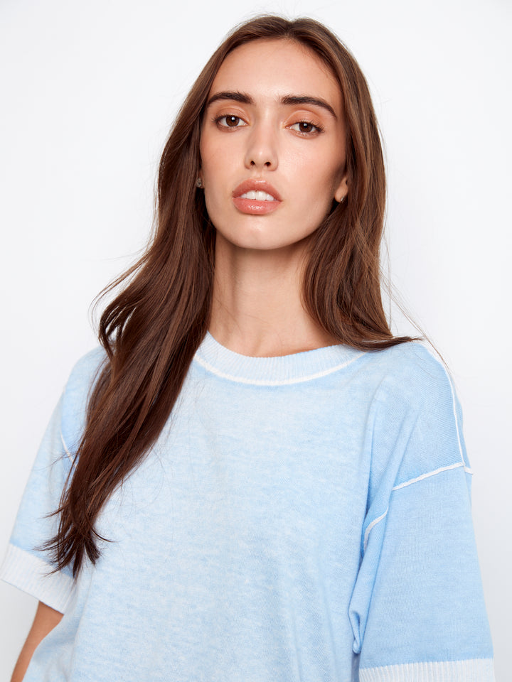 Reverse Print Short Sleeve Crew Neck Sweater