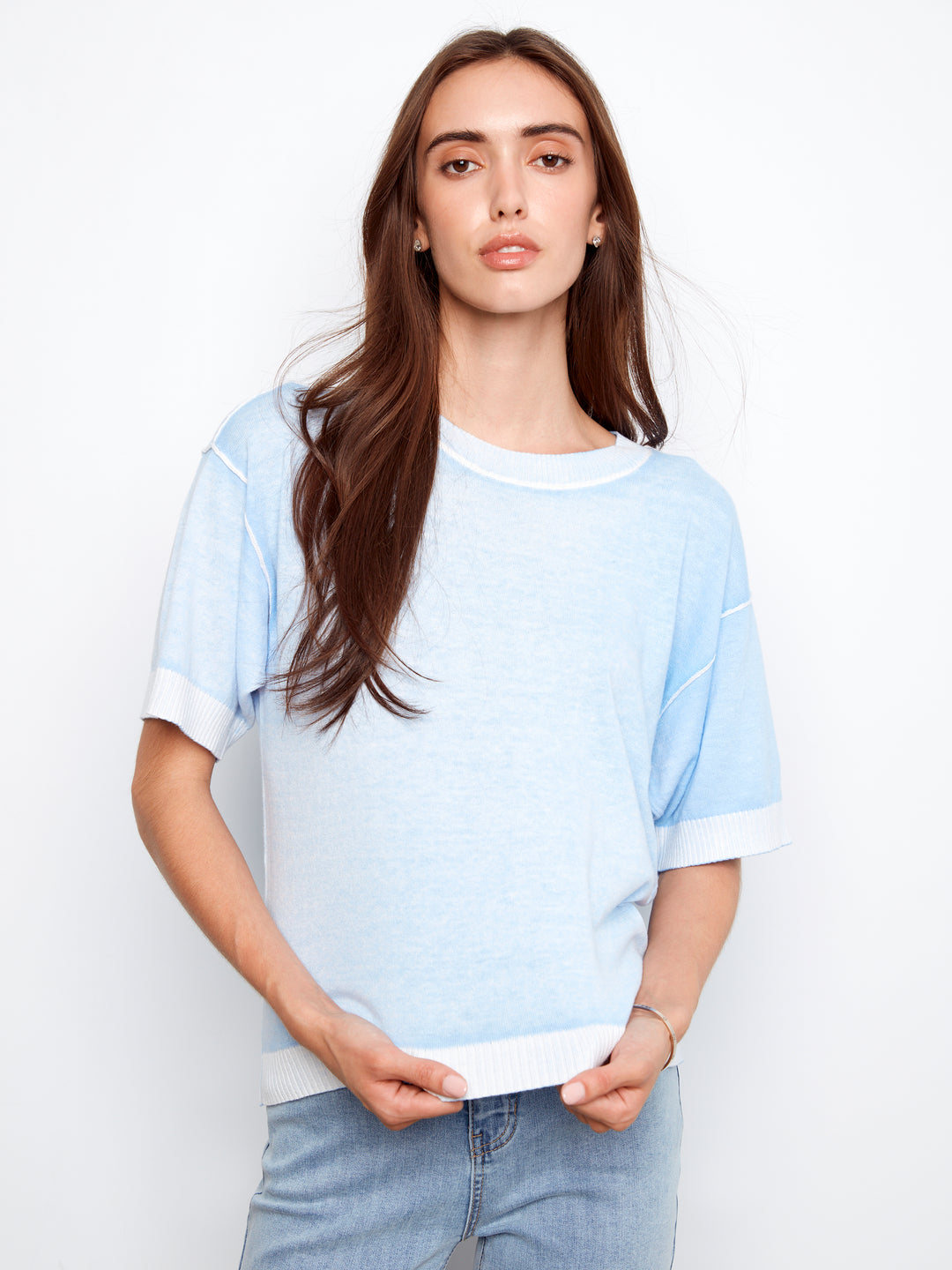Reverse Print Short Sleeve Crew Neck Sweater