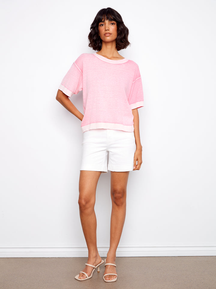 Reverse Print Short Sleeve Crew Neck Sweater