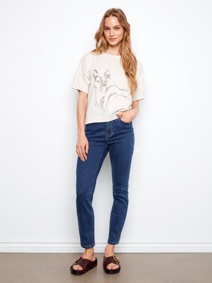 Short Sleeve Placed Print Crew Neck Sweater