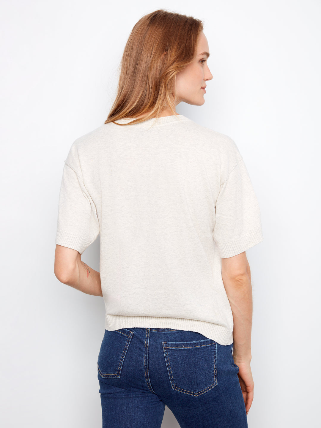 Short Sleeve Placed Print Crew Neck Sweater