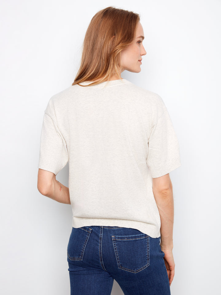 Short Sleeve Placed Print Crew Neck Sweater