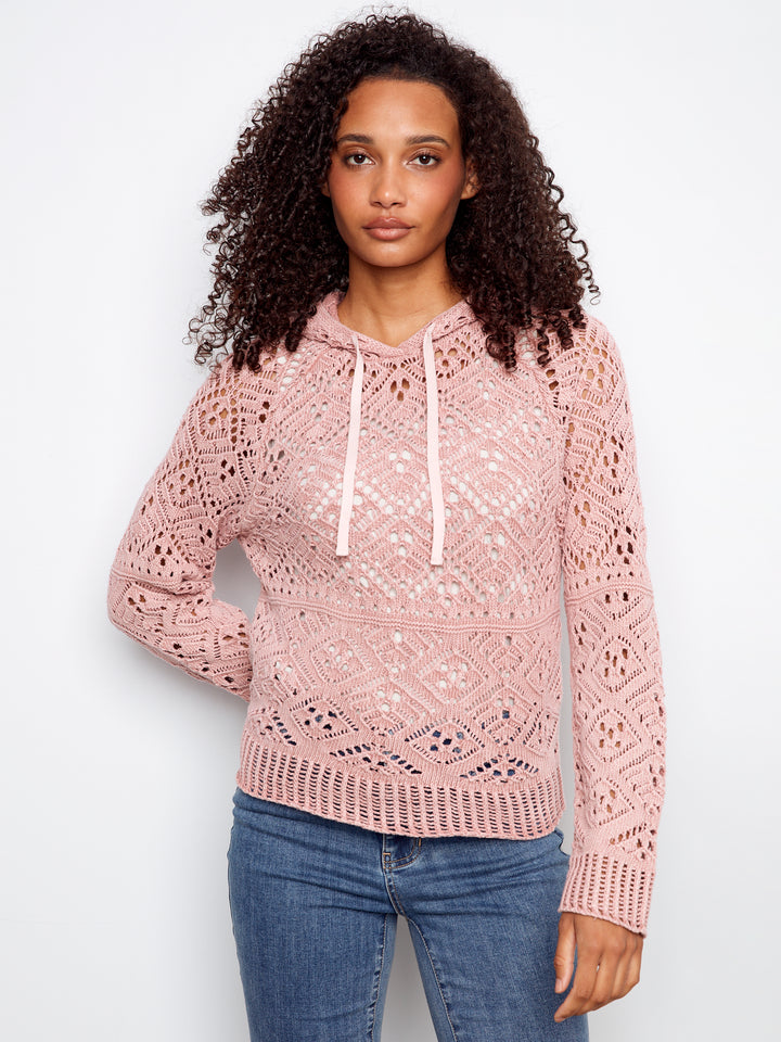 Cold Dye Raglan Long Sleeve Crochet Hoodie Sweater