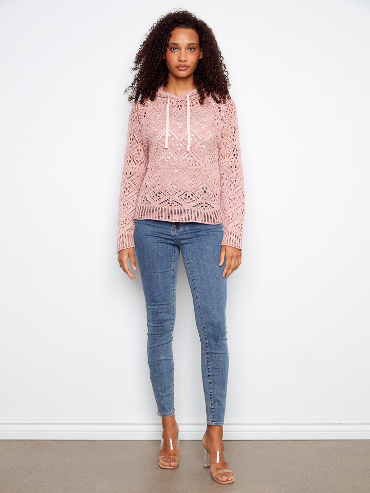 Cold Dye Raglan Long Sleeve Crochet Hoodie Sweater