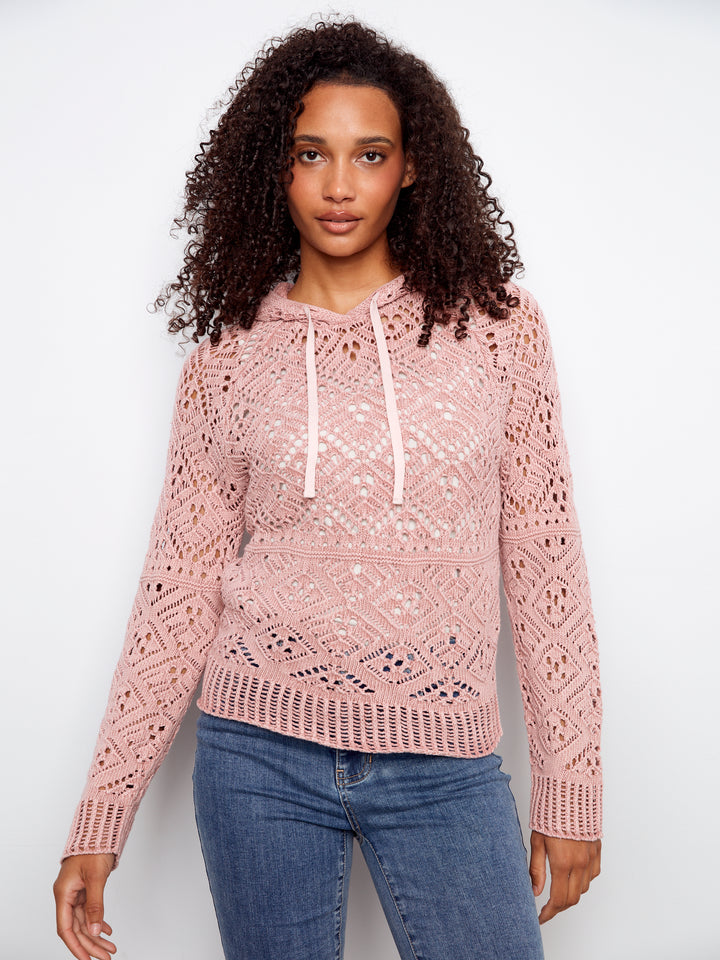 Cold Dye Raglan Long Sleeve Crochet Hoodie Sweater