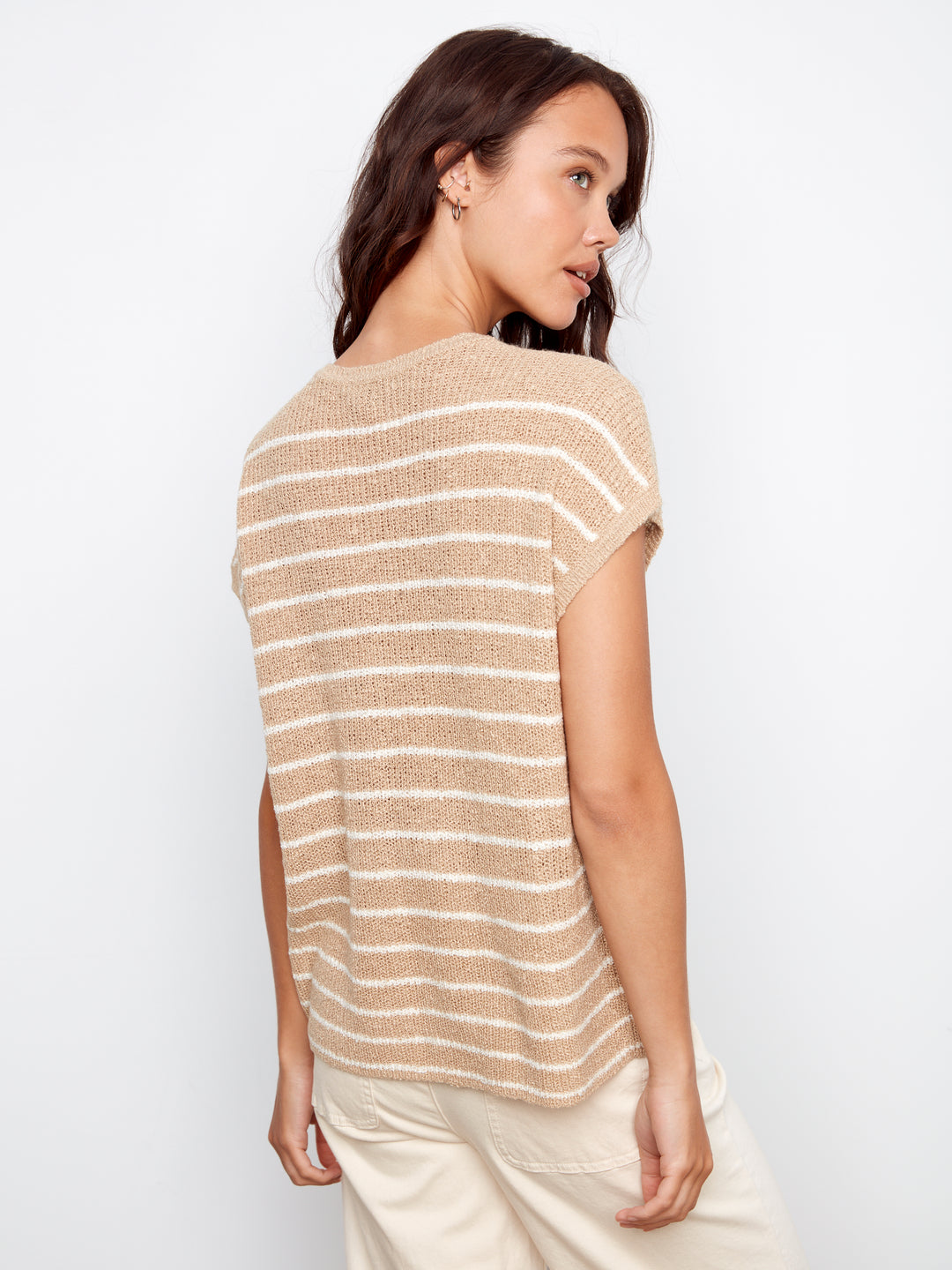 Stripped Drop Cap Sleeve Crew Neck Sweater