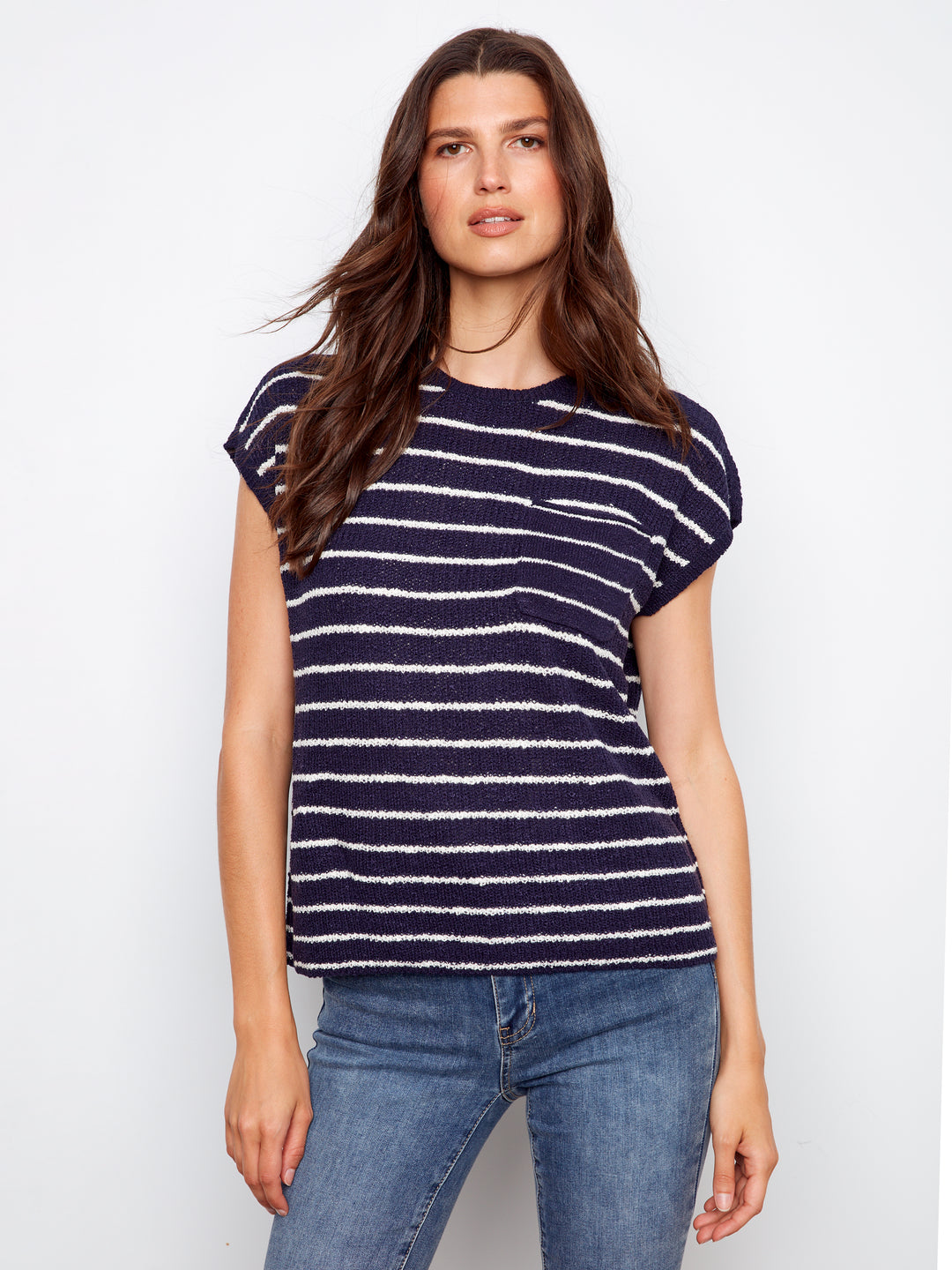 Stripped Drop Cap Sleeve Crew Neck Sweater