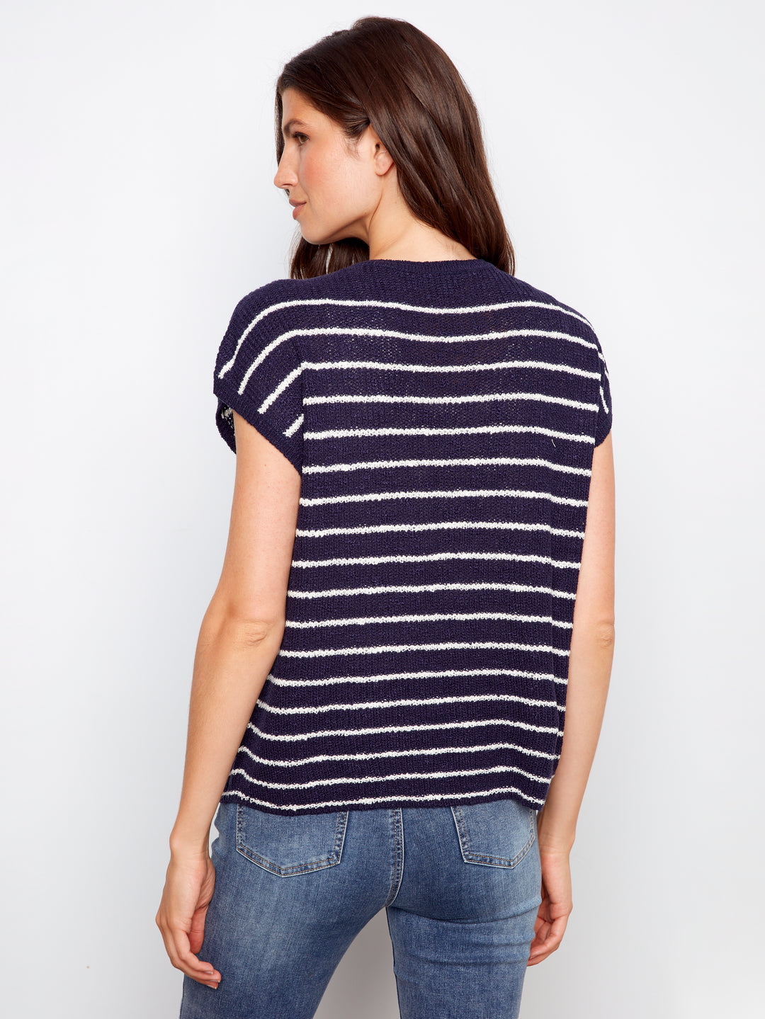 Stripped Drop Cap Sleeve Crew Neck Sweater