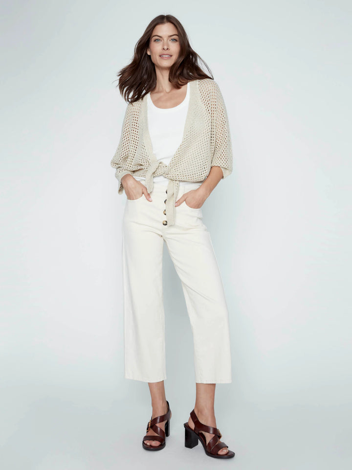 Dolman Elbow Sleeve Tie Front Crochet Lurex Sweater Shrug