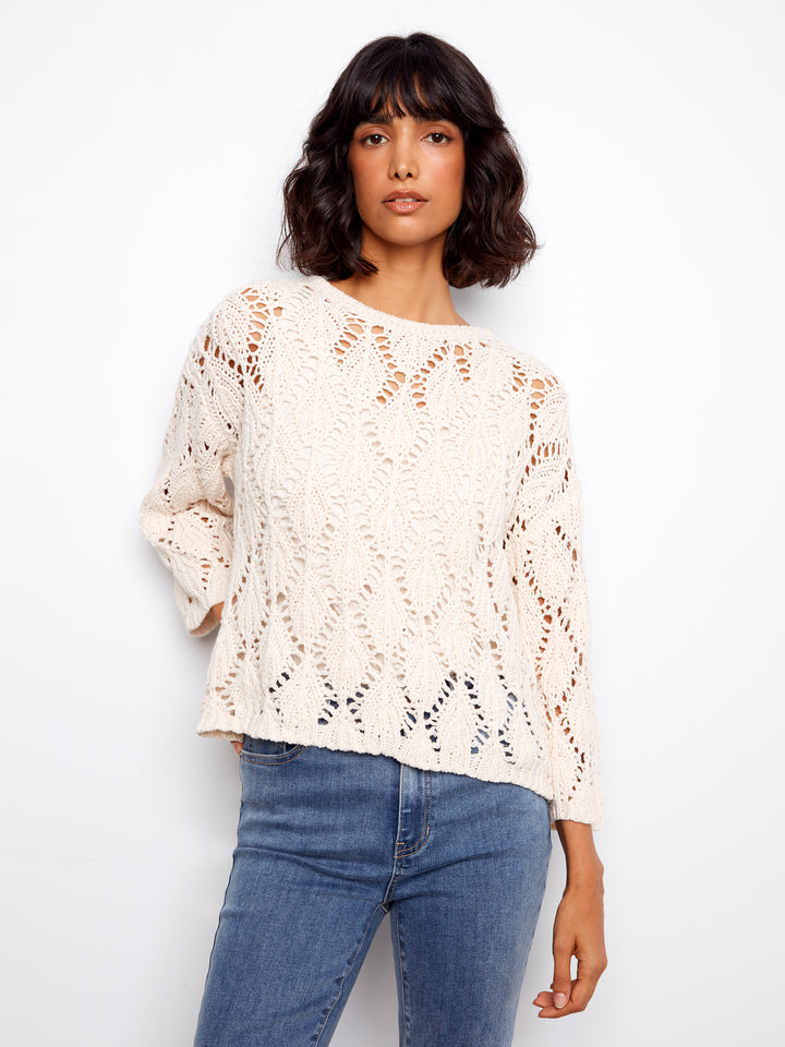 3/4 Sleeve Crochet Crew Neck Sweater