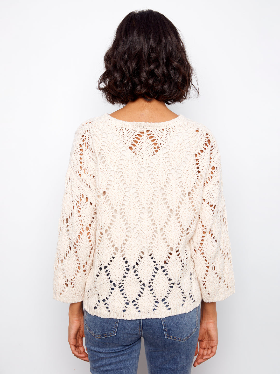 3/4 Sleeve Crochet Crew Neck Sweater
