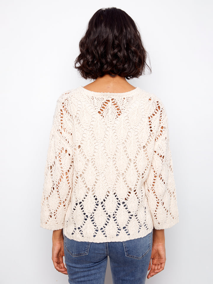 3/4 Sleeve Crochet Crew Neck Sweater