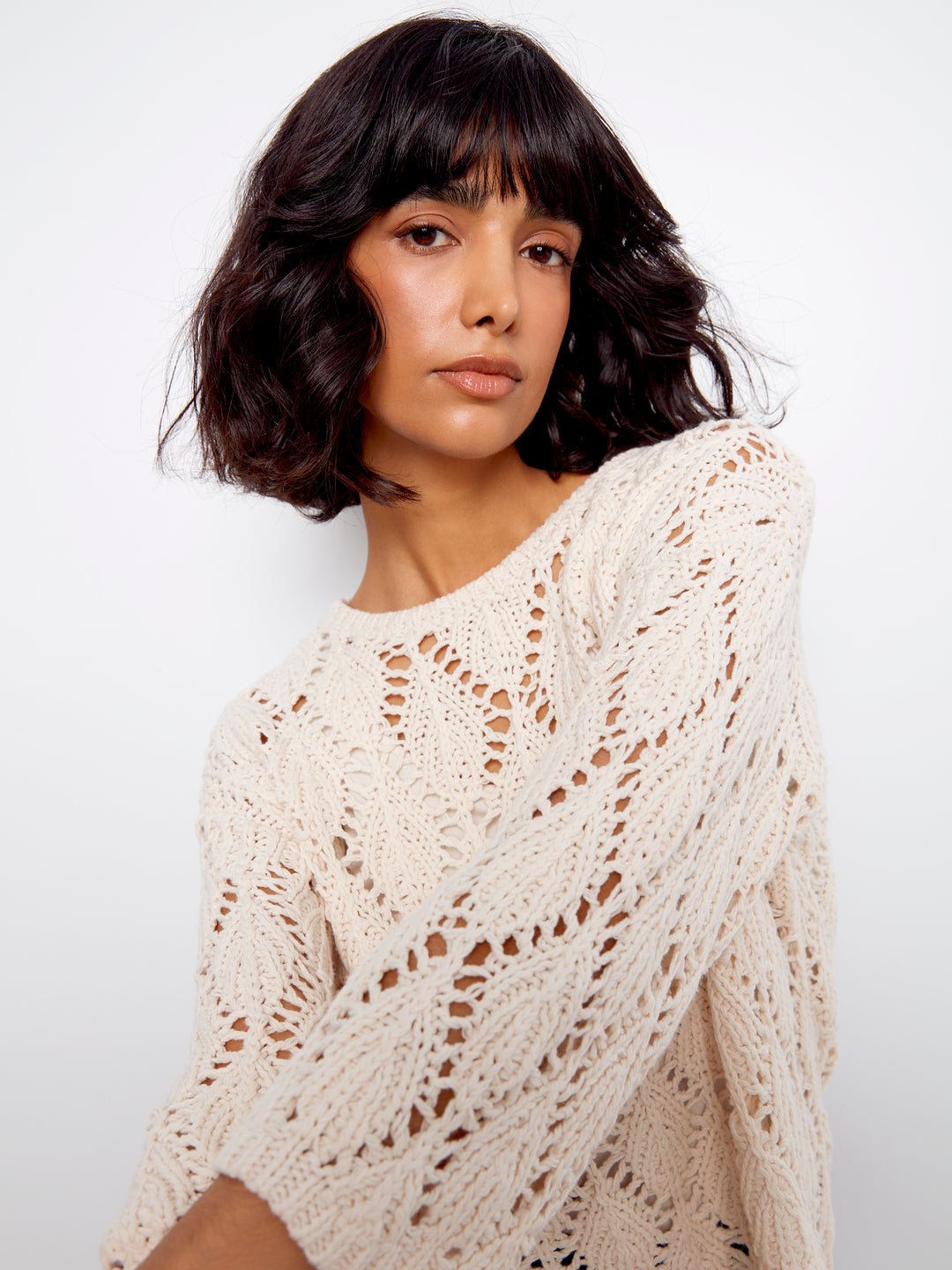 3/4 Sleeve Crochet Crew Neck Sweater