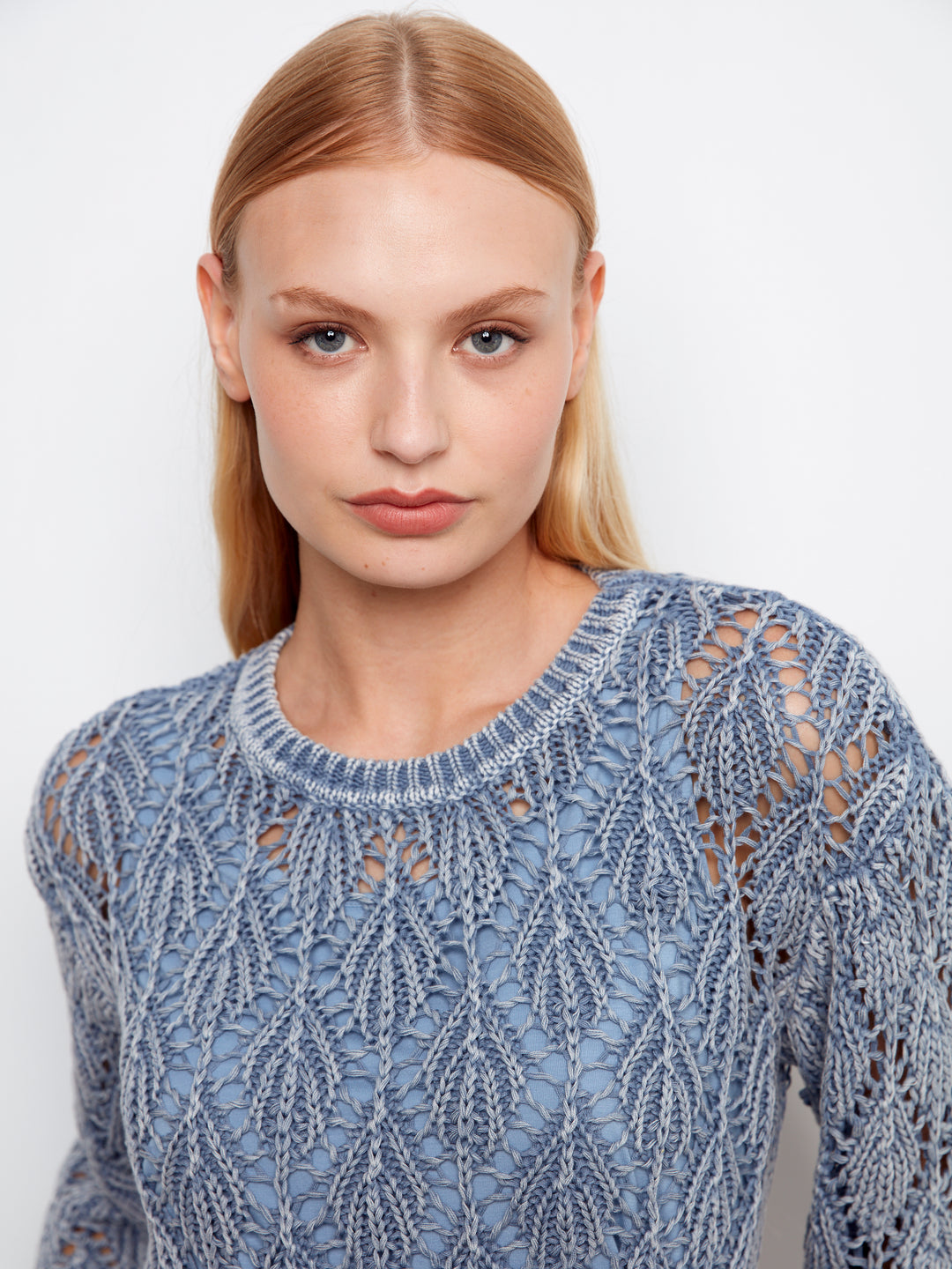 3/4 Sleeve Cold Dyed Crochet Crew Neck Sweater