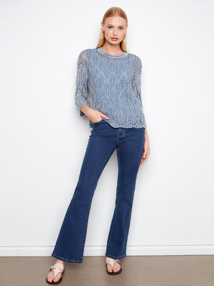 3/4 Sleeve Cold Dyed Crochet Crew Neck Sweater