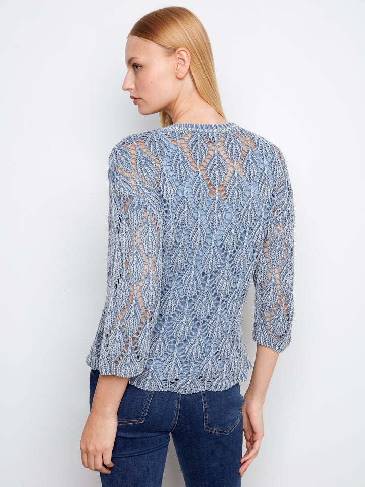 3/4 Sleeve Cold Dyed Crochet Crew Neck Sweater
