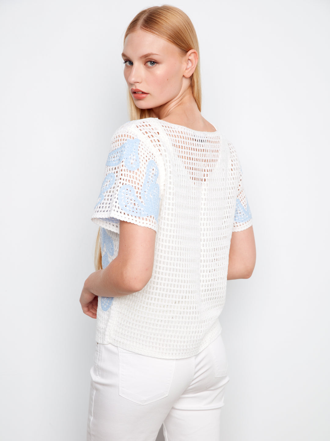 Short Sleeve Crochet Sweater With Leaves Pattern