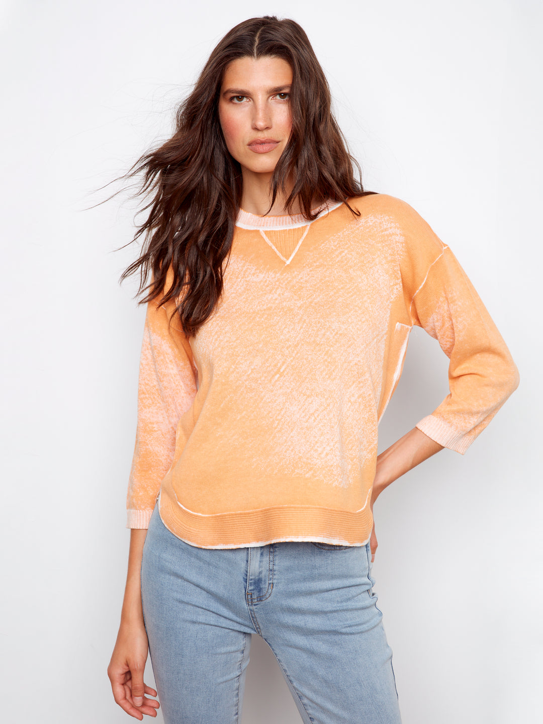 Reversed Print 3/4 Sleeve Sweater With Curved Hem