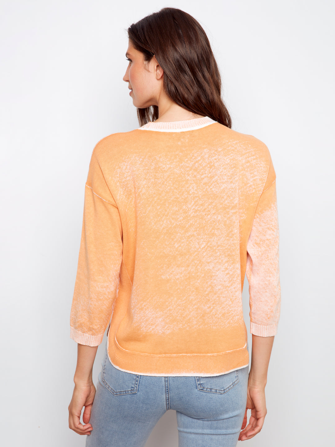 Reversed Print 3/4 Sleeve Sweater With Curved Hem