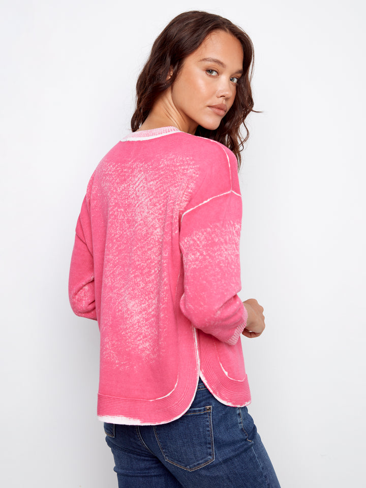 Reversed Print 3/4 Sleeve Sweater With Curved Hem