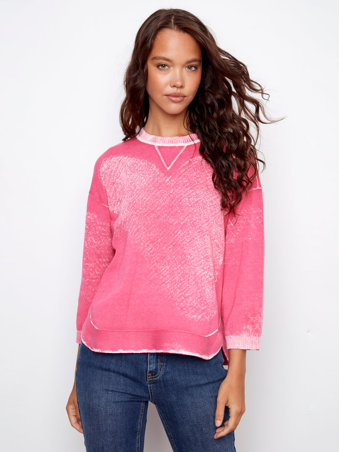 Reversed Print 3/4 Sleeve Sweater With Curved Hem