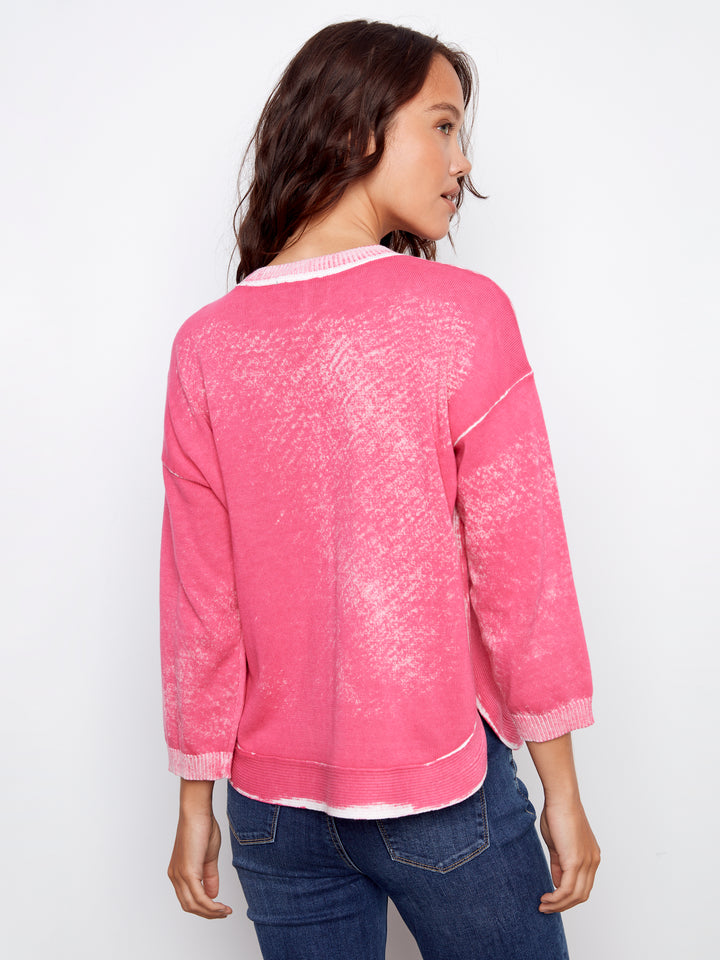 Reversed Print 3/4 Sleeve Sweater With Curved Hem
