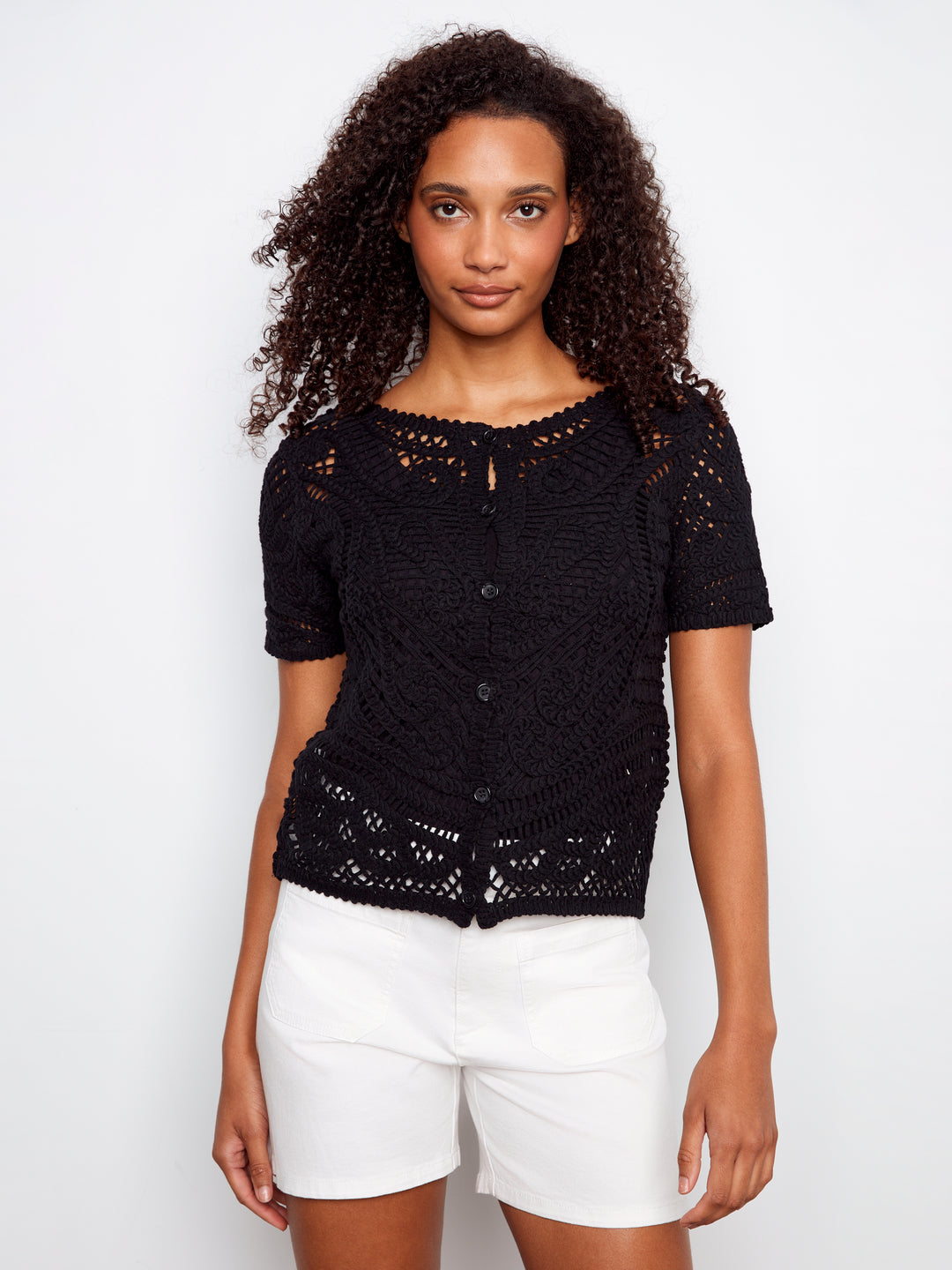 Short Sleeve Crochet Sweater With Placket & Buttons At Back