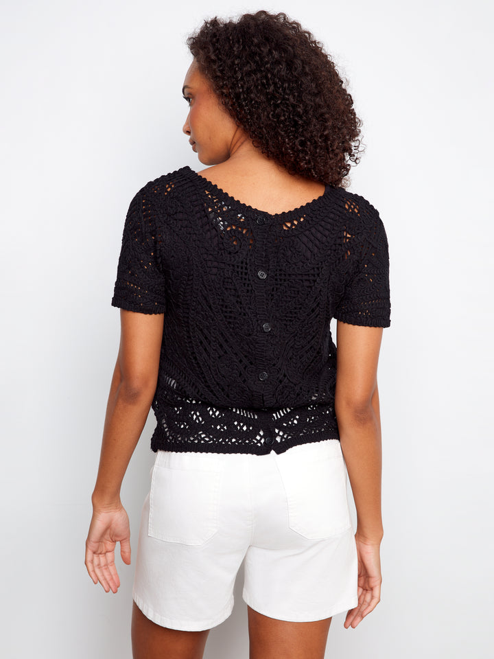 Short Sleeve Crochet Sweater With Placket & Buttons At Back