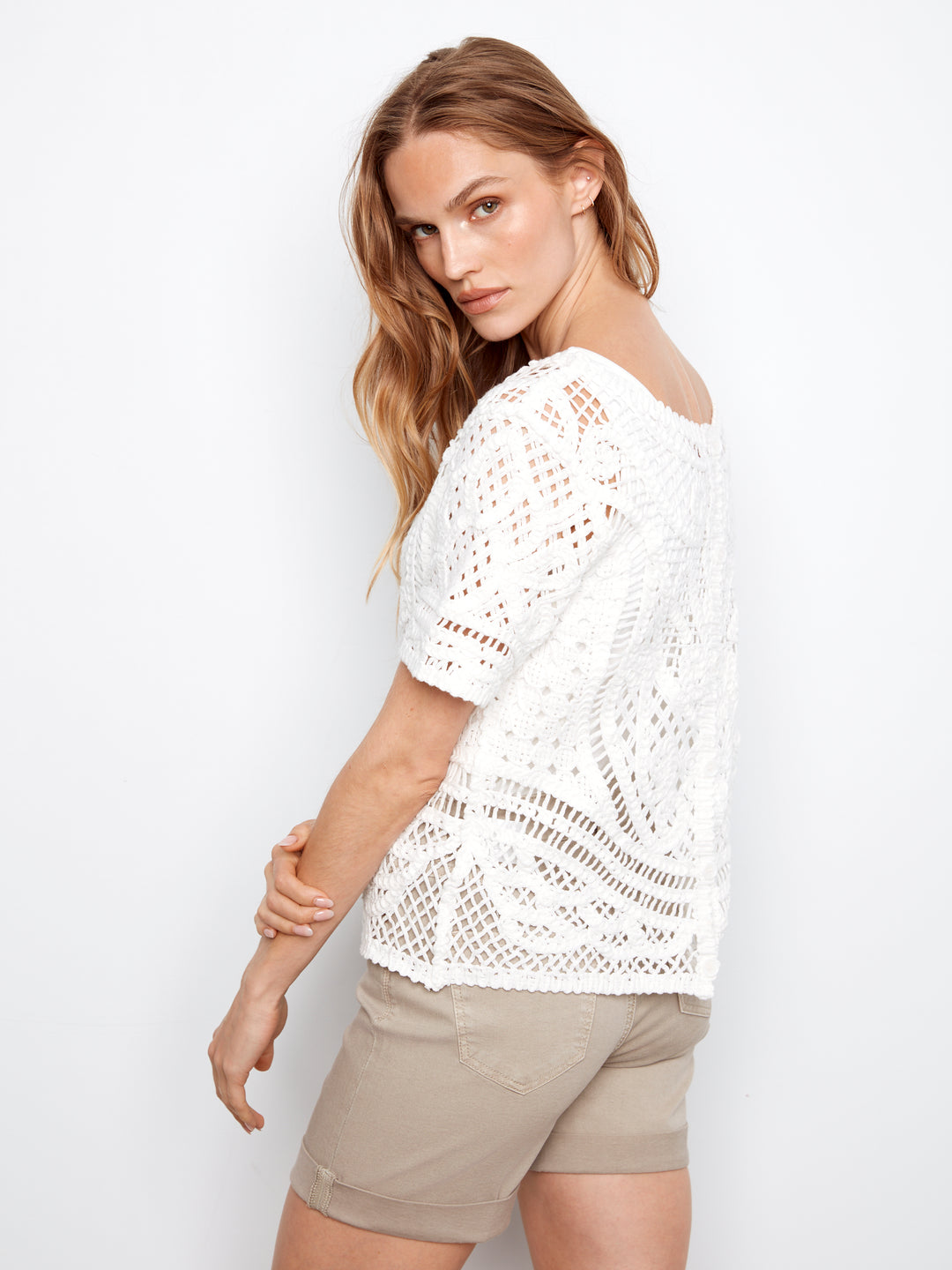 Short Sleeve Crochet Sweater With Placket & Buttons At Back