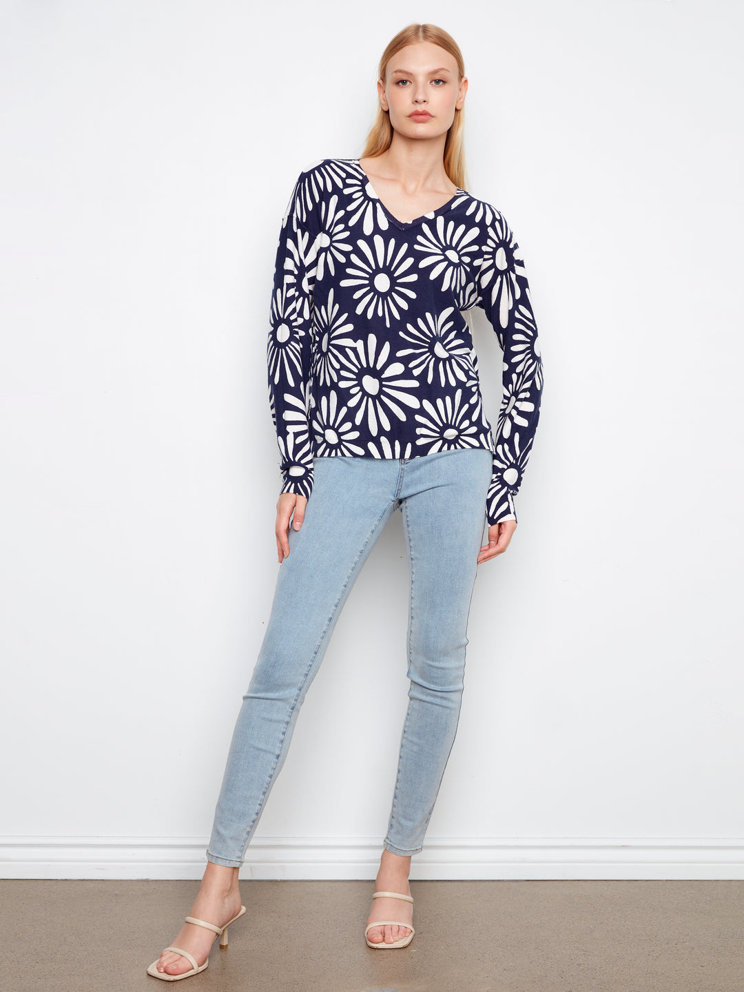 Long Sleeve Reversible Printed V-Neck Sweater