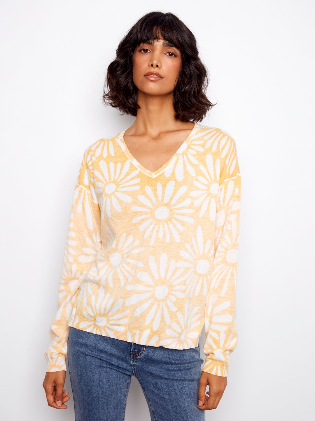 Long Sleeve Reversible Printed V-Neck Sweater