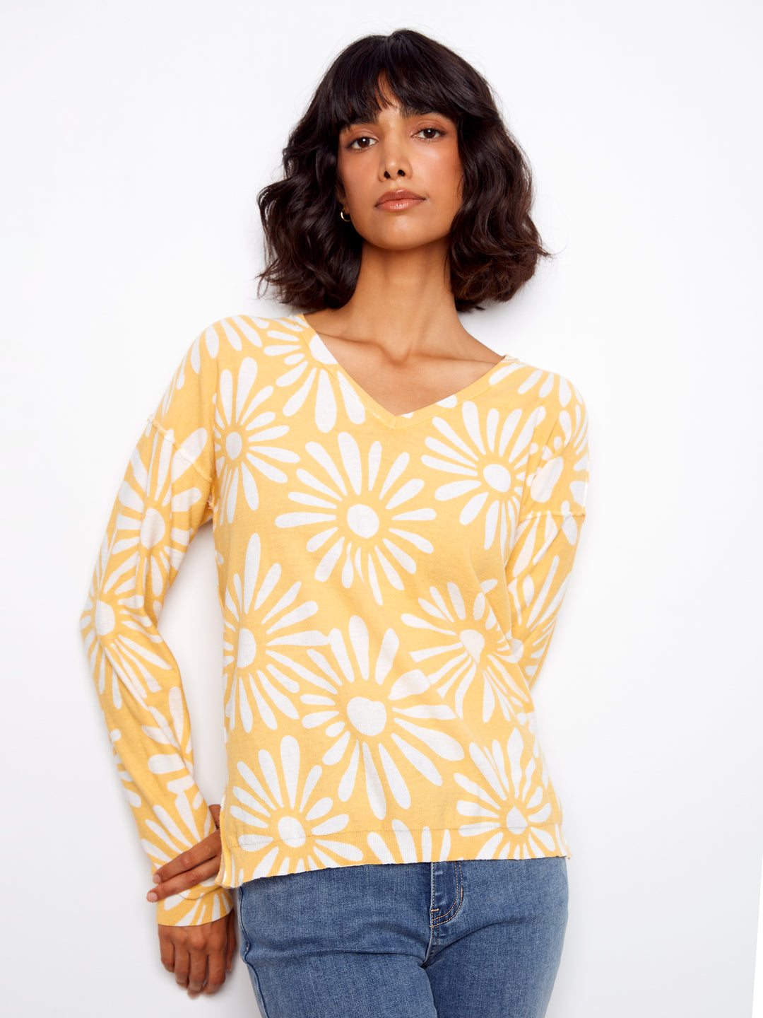 Long Sleeve Reversible Printed V-Neck Sweater
