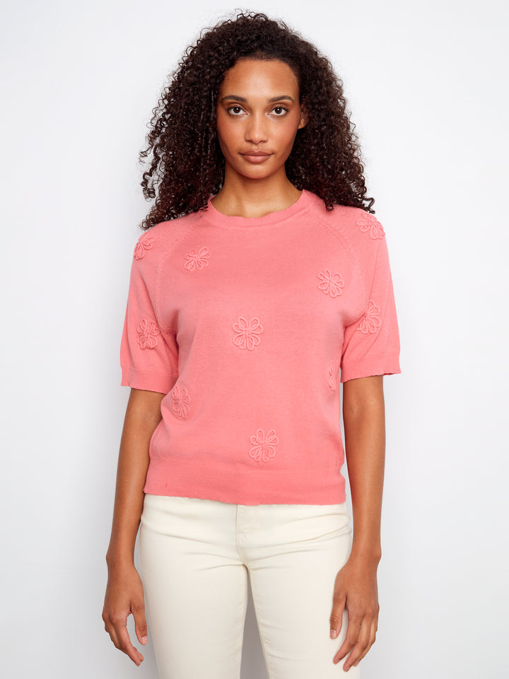 Raglan Elbow Sleeve Sweater With Flowers Soutache Detail