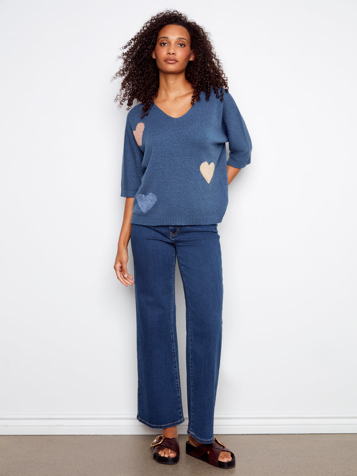 Dolman Elbow Sleeve Sweater With Placed Jacquard Pattern