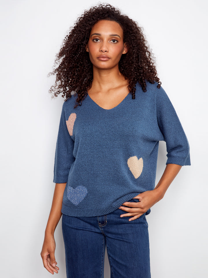 Dolman Elbow Sleeve Sweater With Placed Jacquard Pattern