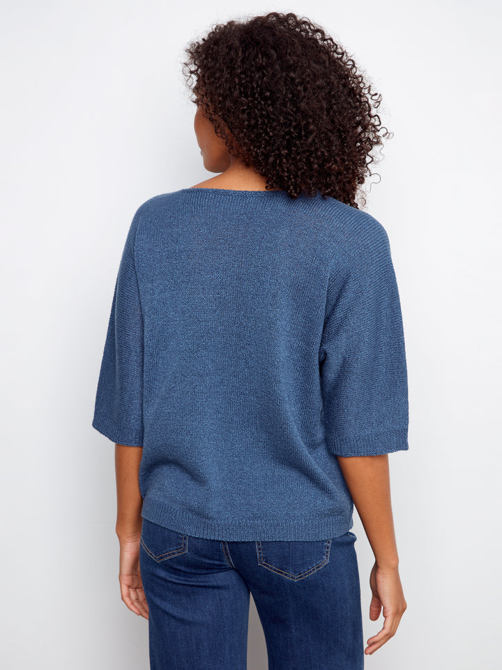 Dolman Elbow Sleeve Sweater With Placed Jacquard Pattern