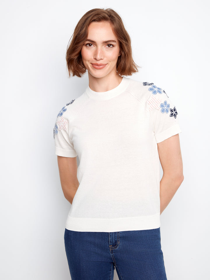 Raglan Short Sleeve Crew Neck Sweater With Flowers Appliqués