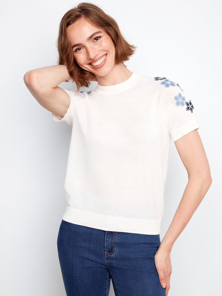 Raglan Short Sleeve Crew Neck Sweater With Flowers Appliqués