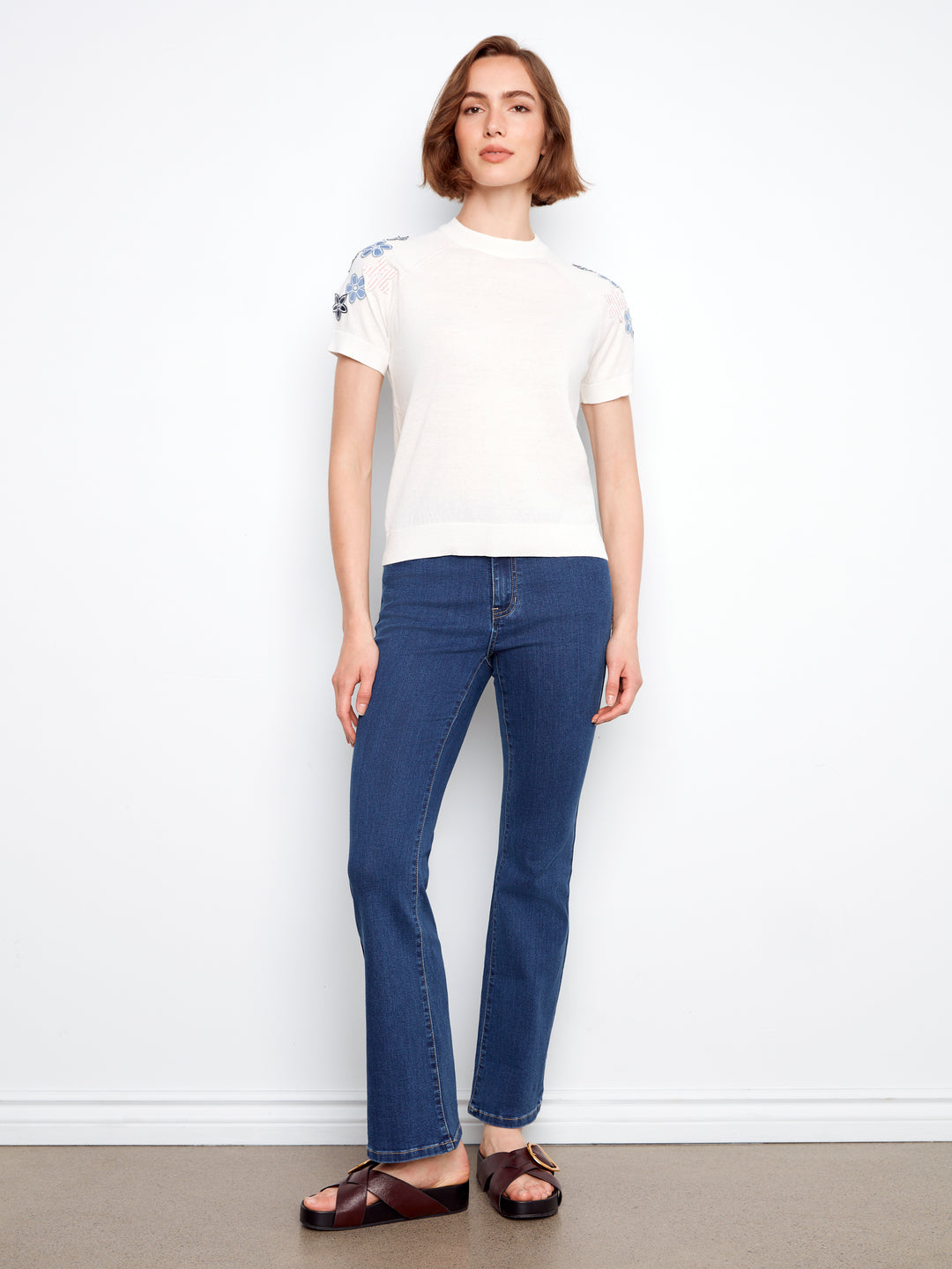 Raglan Short Sleeve Crew Neck Sweater With Flowers Appliqués