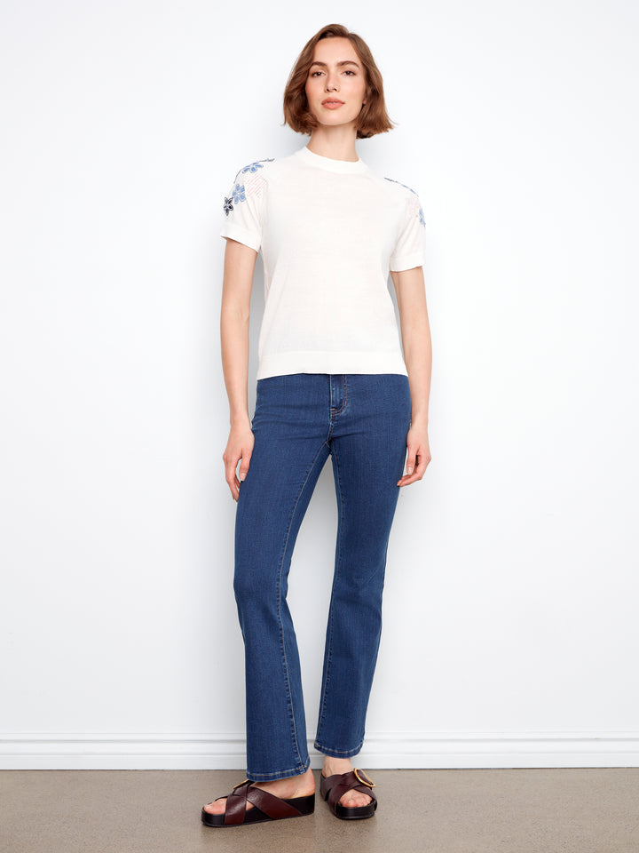 Raglan Short Sleeve Crew Neck Sweater With Flowers Appliqués