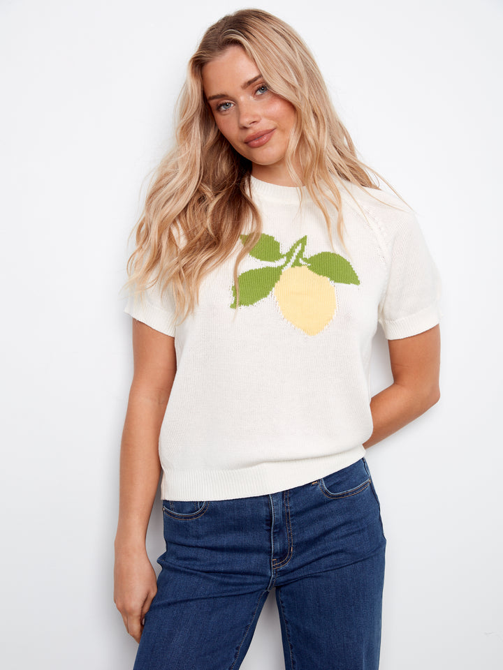 Raglan Short Sleeve Crew Neck Sweater With Placed Jacquard