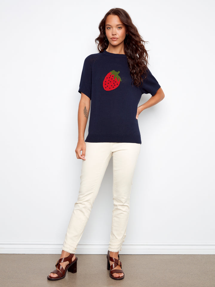 Raglan Short Sleeve Crew Neck Sweater With Placed Jacquard