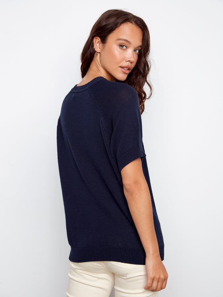Raglan Short Sleeve Crew Neck Sweater With Placed Jacquard