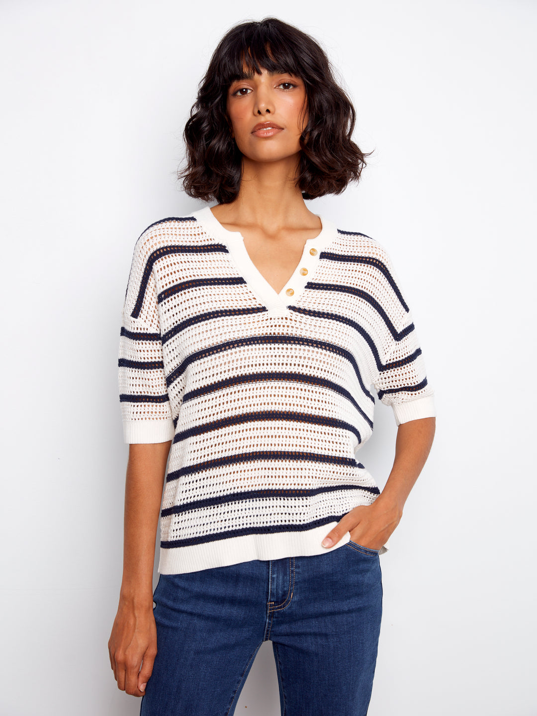 Striped Elbow Sleeve All Over Crochet Sweater